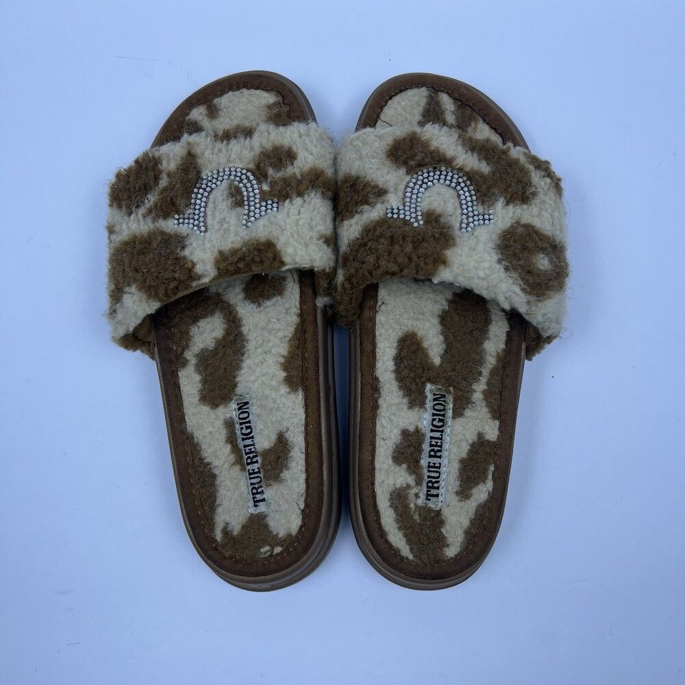 True Religion Women's Lamia Fuzzy Platform Slides Slippers Brown Cow Print Sz 8 - Picture 5 of 10